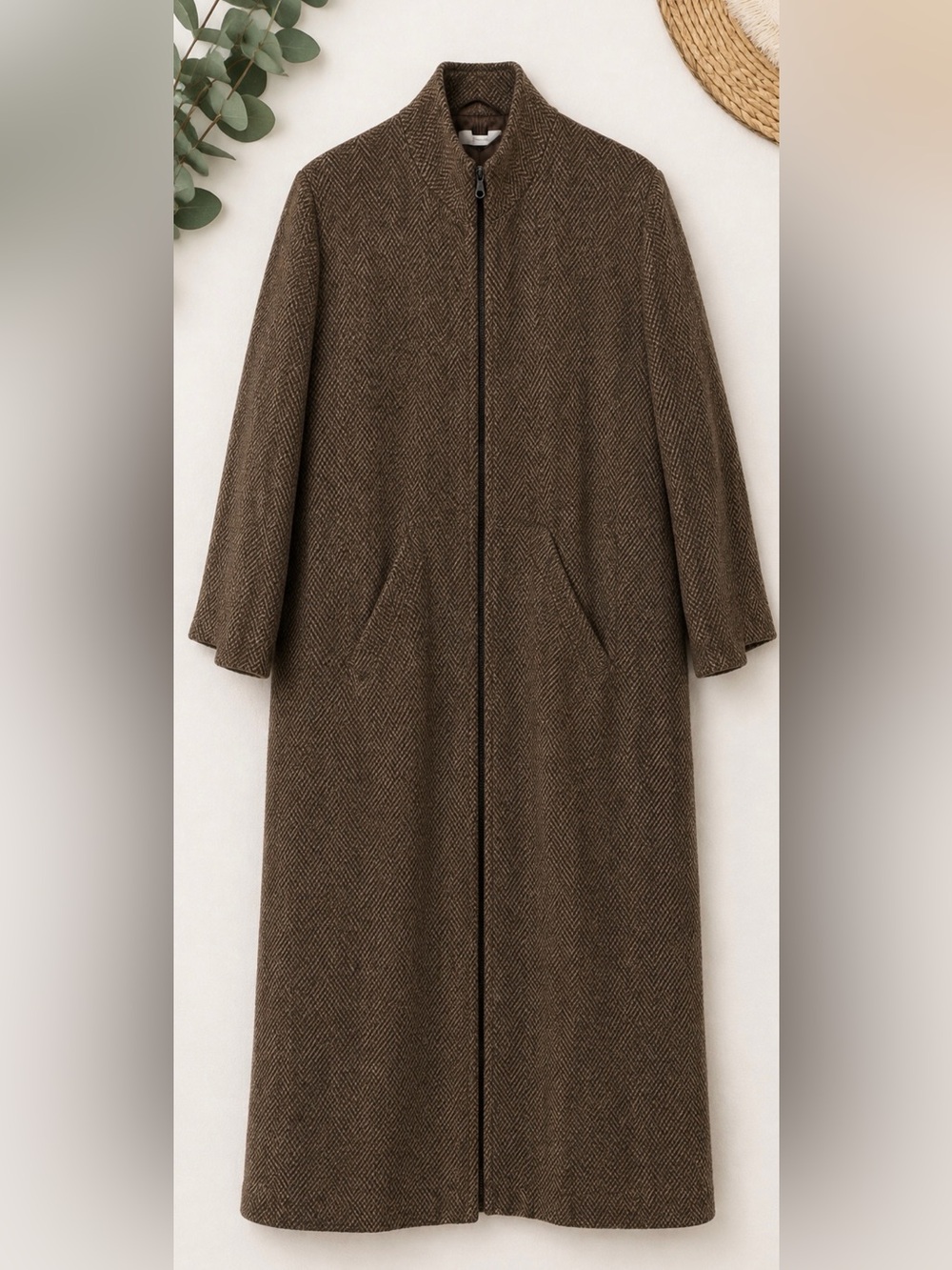 Diamond Tea XL Brown Herringbone Full Zip Long Duster Maxi Coat - Picture 2 of 10